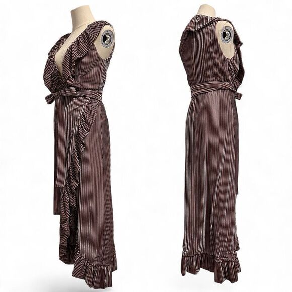 MISA Stripe Velvet Ruffle Wrap Midi ‘EVE’ Dress M Plunged V Neck Fairy Romantic - Picture 4 of 14